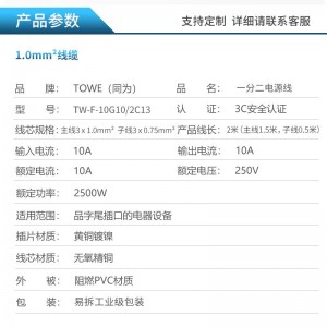 TOWE 同为国标10A转C13一分二电源线打印机电脑显示器交换机延长连接线3*1.0平 10G10/2C13-2米