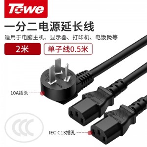 TOWE 同为国标10A转C13一分二电源线打印机电脑显示器交换机延长连接线3*1.0平 10G10/2C13-2米