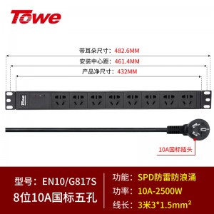 8位10A国标五孔+四合一防雷防浪涌模块+3米3*1.5平方线 EN10/G817S