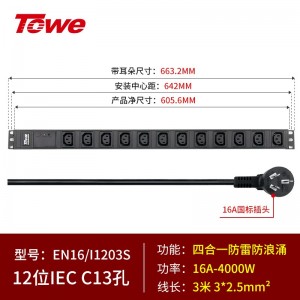 TOWE同为欧标IEC插座PDU竖装插排10A/16A/32A大功率机柜排插可自接线