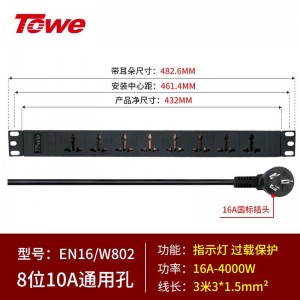 TOWE同为7位8位16A pdu电源机柜插座经济型机柜插排16A国标三孔五孔PDU插座电源分配器国标16A基础款8位10A多用孔 EN16/W802