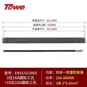 TOWE同为国标竖装工业三级防雷大功率PDU安全机柜插座 SPD防浪涌防电涌 国标竖装专业防雷 2位国标16A+10位国标三孔10A，EN32/G1206S