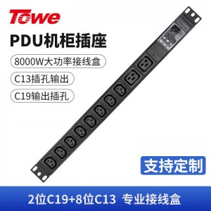 TOWE同为32A/63A超大功率自接线PDU机柜插座 带专业接线盒 不带线竖装垂直安装工程插排 多位IEC插孔自接线 2位C19+8位C13，EN32J/I1004