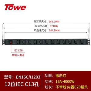 TOWE同为C20输入16A自接线工程安全PDU插座插排 输出IEC C13美标欧标插孔 C20输入IEC美标PDU 12位10A IEC C13模块，EN16C/I1203