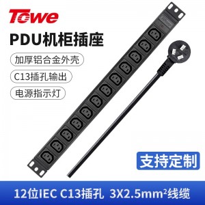 TOWE同为IEC C13 C19工业电源防雷PDU电源机柜插座 国际通用IEC 大功率机柜PDU IEC插孔横装大功率款 12位10A IEC C13插孔，EN16/I1001