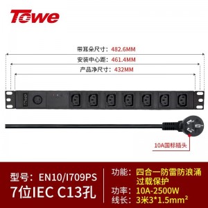 TOWE同为IEC工业三级防雷PDU安全机柜插座 SPD防浪涌防电涌 机房国际欧标插座插排插线板 IEC横装专业防雷 7位 IEC C13 10A，EN10/I709PS