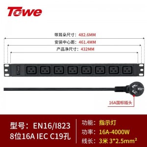 TOWE同为IEC C13 C19工业电源防雷PDU电源机柜插座 国际通用IEC 大功率机柜PDU IEC插孔横装大功率款 8位16A IEC C19插孔，EN16/I823