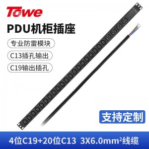 TOWE同为国际通用IEC C13C19竖装工业三级防雷大功率PDU安全机柜插座 SPD防浪涌 竖装IEC插孔专业防雷 4位C19+20位C13，EN32/I2401S