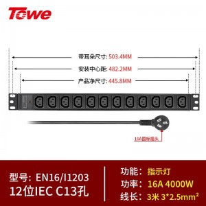 TOWE同为IEC C13工业电源PDU电源机柜插座 国际通用IEC 10A品字尾机柜PDU插座 竖装IEC插孔基础款 12位10A IEC C13，EN16/I1203