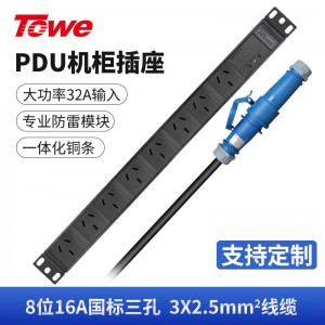 TOWE同为大功率16A/32A工业连接器插头插座PDU机柜插座 带工业插头PDU机柜插座 IDC机房 8位16A国标三孔 +防雷防浪涌，EN16G/G807S