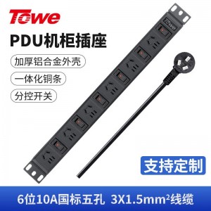 TOWE同为分控pdu机柜机架机箱插座 单开单控工业工程插排 水族鱼缸专用安全插座 分控工业PDU插座 6位10A新国标五孔，EN10/G601K