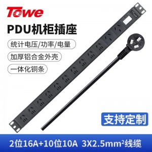 TOWE同为智能数显功率计量PDU机柜插座电源管理器 功率计量PDU插座 2位国标16A+10位10A新国标五孔+16A计量模块 黑色外壳，EN16/G1201J