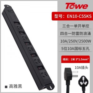 TOWE同为高端pdu机柜插座10A分控单开单控防雷防浪涌工业工程插排 炫彩系列 分控防雷炫彩PDU插座 5位10A新国标五孔，EN10/C55KS高雅黑