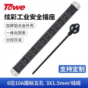 TOWE同为高端pdu机柜插座10A分控单开单控工业工程插排 炫彩豪华高端系列 分控炫彩PDU插座 6位10A单开单控新国标五孔，EN10/C66K晶银白
