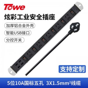 TOWE同为高端pdu机柜插座10A分控单开单控带USB供电工业工程插排 炫彩系列 分控USB炫彩PDU插座 5位10A新国标五孔，EN10/C56KU晶银白
