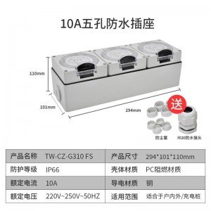 TW-CZ-G310 FS 白色尼龙，三联3位国标五孔10A250V IP66