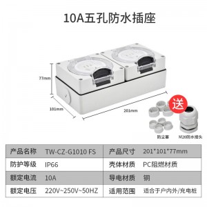 TOWE同为IP66国标10A 16A户外防水开关插座 户外防暴雨国标五孔插座 明装防水插座可浸泡水组合式防水插座 TW-F-CZ-G10 FS/G16/G1010/G1016/G310/G21016
